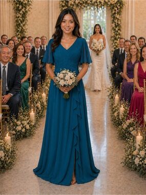 #114 Teal V-Neck Flutter Sleeve Bridesmaid Dress - Small/Size 4